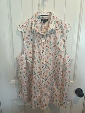 Lands' End Sleeveless Button-Up Blouse in Green  & Coral Tennis Racquet print